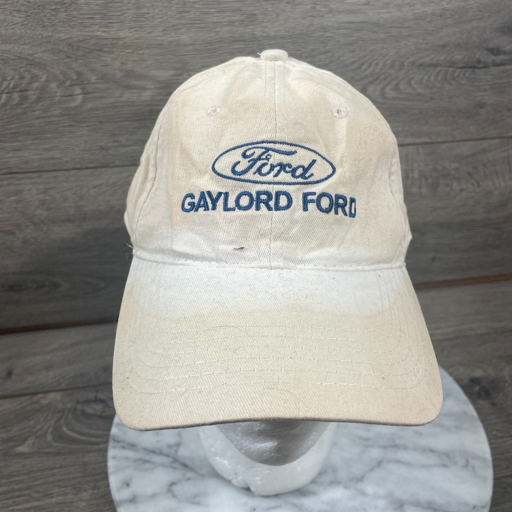 VTG Ford Hat Cap White Strapback Faded Stained Worn Embroidered Cars Retro Y2K